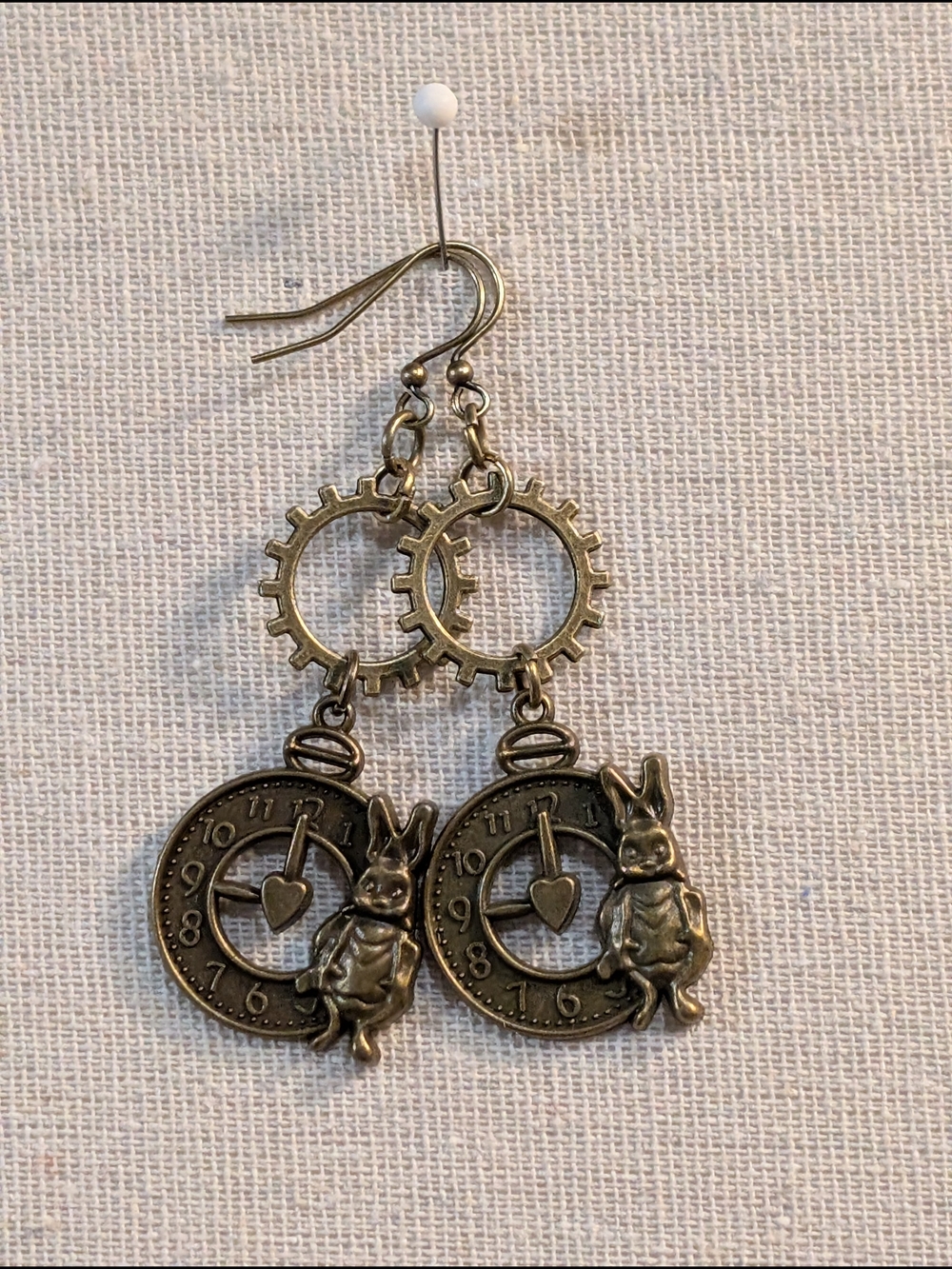 Antique Brass Rabbit Clock Dangle Earrings